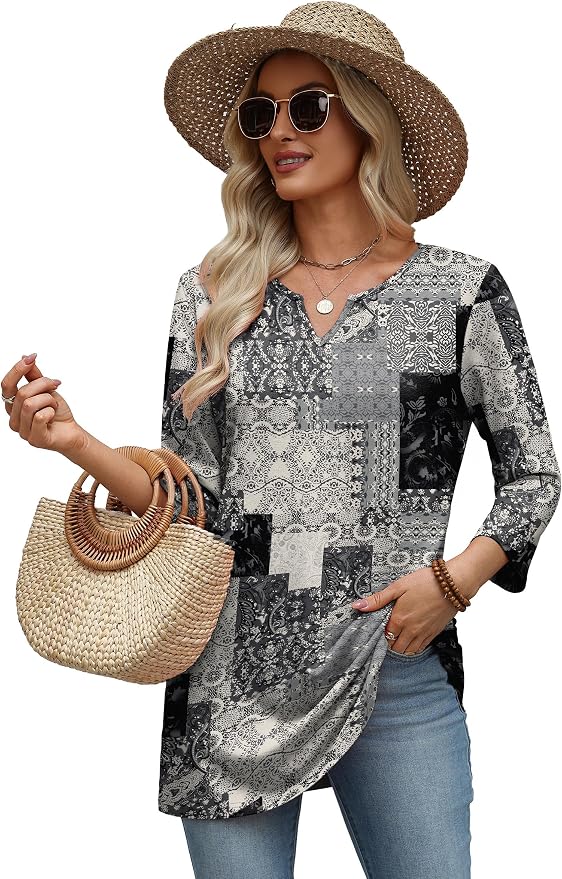 OFEEFAN Summer Boho Tops For Women 3/4 Length Sleeve Womens Tops Vacation Outfits - Image 5