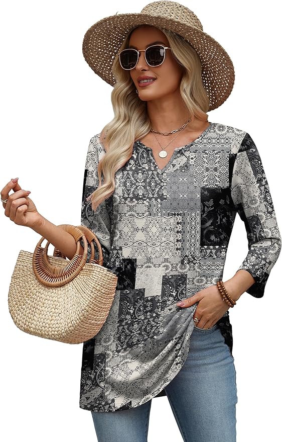 OFEEFAN Summer Boho Tops For Women 3/4 Length Sleeve Womens Tops Vacation Outfits - Image 5