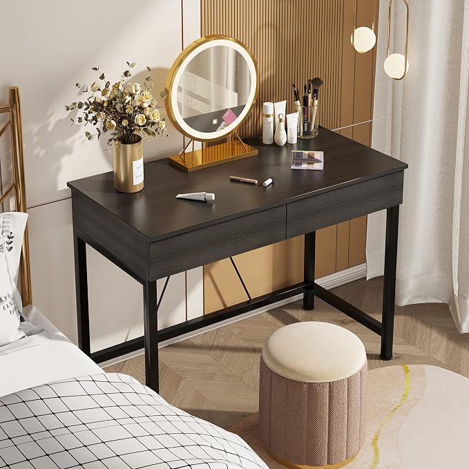 Mexin Small Black Desk with 2 Wooden Drawers, 40 Inch Home Office Writing Desk, Black Vanity Desk with Storage, Computer Desk for Bedroom Small Spaces, Table for Office, Work, Kids Study, Makeup - Image 9