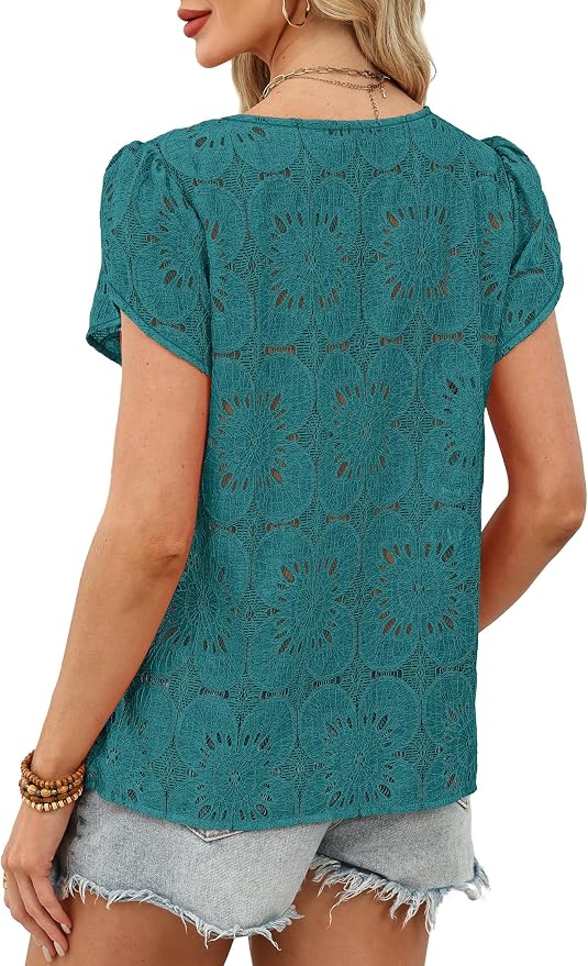 OFEEFAN Blouses for Women Dressy Casual Petal Short Sleeve Shirts Crochet Lace Boho Tops Spring Fashion Summer Outfits - Image 5