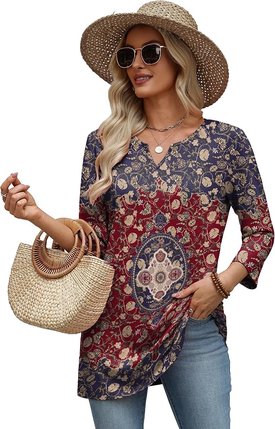 OFEEFAN Summer Boho Tops For Women 3/4 Length Sleeve Womens Tops Vacation Outfits - Image 5