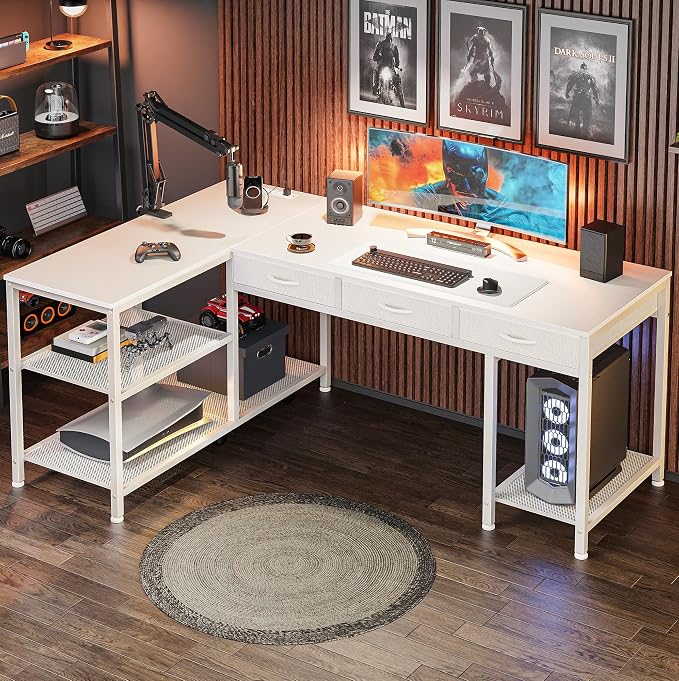 PRAISUN 55 Inch L Shaped Office Desk with Power Outlets and Type-C Port, Large Computer Gaming Desk with 3 Fabric Drawers, Mesh Shelves, Corner Study Work Writing Desk, White - Image 9