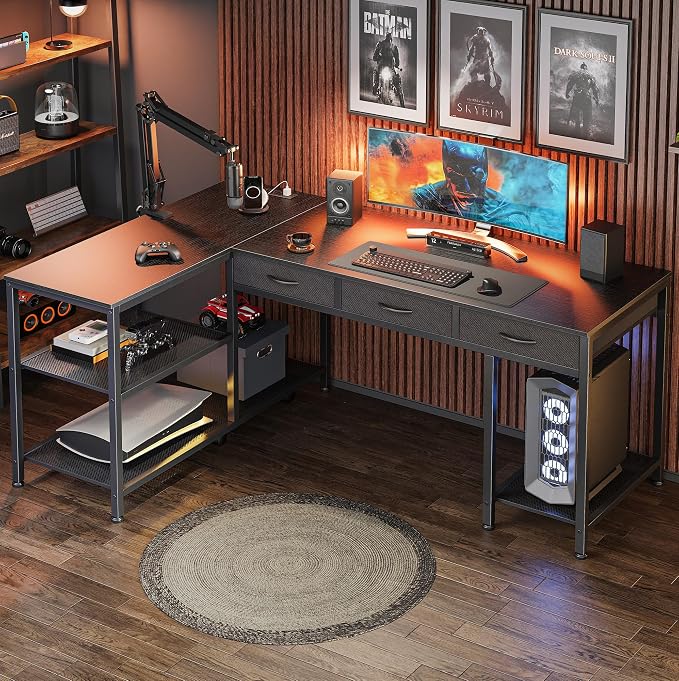 PRAISUN 55 Inch L Shaped Office Desk with Power Outlets and Type-C Port, Large Computer Gaming Desk with 3 Fabric Drawers, Mesh Shelves, Corner Study Work Writing Desk, Black - Image 9