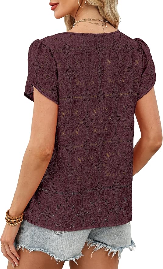 OFEEFAN Blouses for Women Dressy Casual Petal Short Sleeve Shirts Crochet Lace Boho Tops Spring Fashion Summer Outfits - Image 5