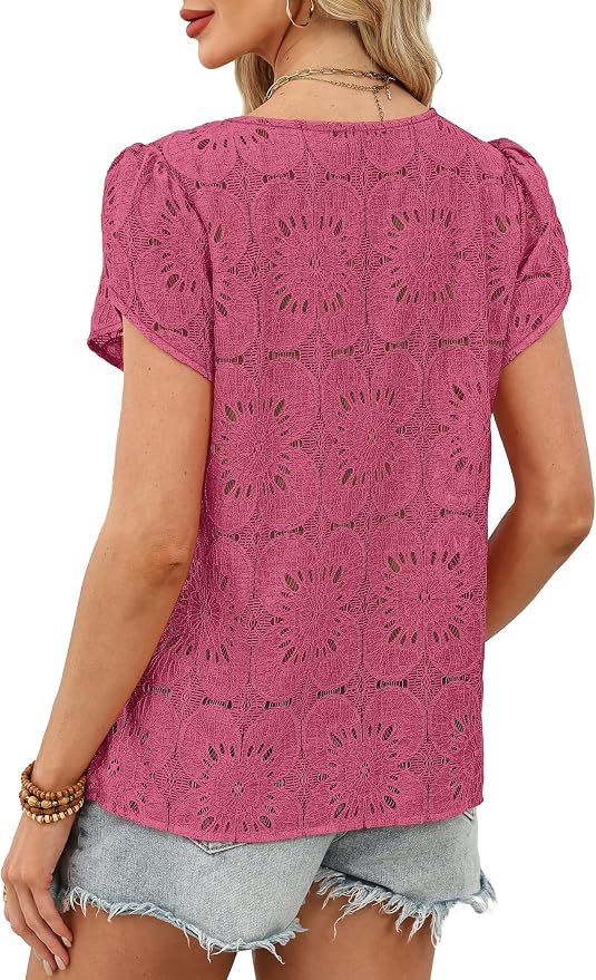 OFEEFAN Blouses for Women Dressy Casual Petal Short Sleeve Shirts Crochet Lace Boho Tops Spring Fashion Summer Outfits - Image 5