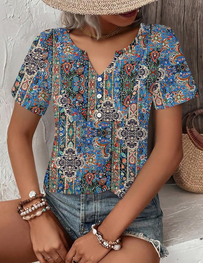 Zeagoo Womens Short Sleeve Tops Summer Henley V-Neck Tshirts Casual Pleated Blouse Dressy Loose Floral Basic Tee - Image 4