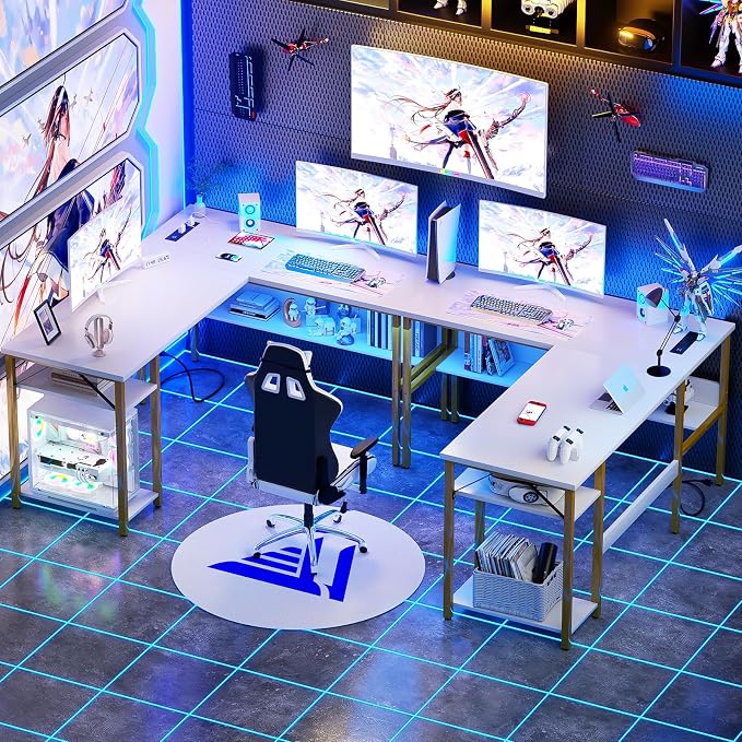 Unikito Reversible L Shaped Desk with Magic Power Outlets and USB Charging Ports, Sturdy Corner Computer Desk with Storage Shelves, Gaming Table Home Office Desk, Easy to Assemble, White and Gold - Image 8