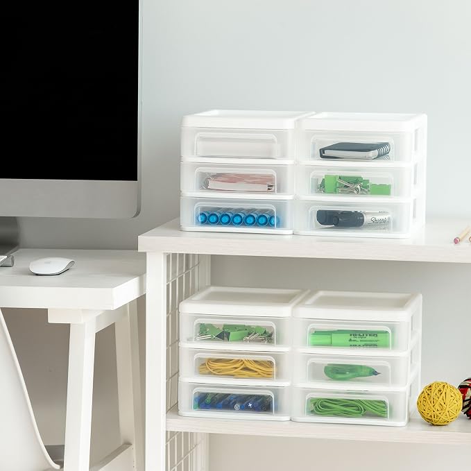 IRIS USA 4-Pack 3-Drawer Small Desktop Organizer, Stackable, White | Organize office supplies, stationery, makeup, craft materials and everyday essentials for neat desktop storage - Image 6