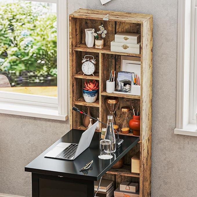 HOMCOM Foldable Desk Wall Mounted Convertible Table, Rustic Brown | Wall Mounted, Space-Saving, Chalkboard, Storage Shelves, for Small Spaces, Home Office, Bedroom, Dorm, Apartment - Image 9