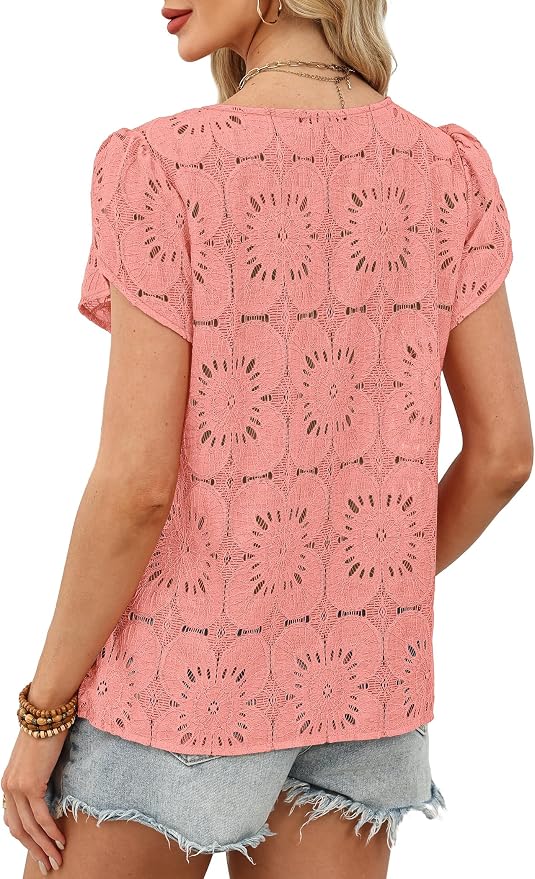 OFEEFAN Blouses for Women Dressy Casual Petal Short Sleeve Shirts Crochet Lace Boho Tops Spring Fashion Summer Outfits - Image 5