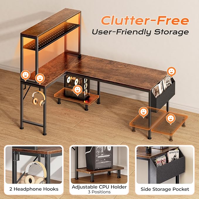 PRAISUN L Shaped Gaming Desk with LED Lights & Power Outlets, Reversible Computer Desk with Storage Shelves & Bag, Large Corner Home Office Desk with Pegboard for Work from Home, Rustic Brown - Image 9