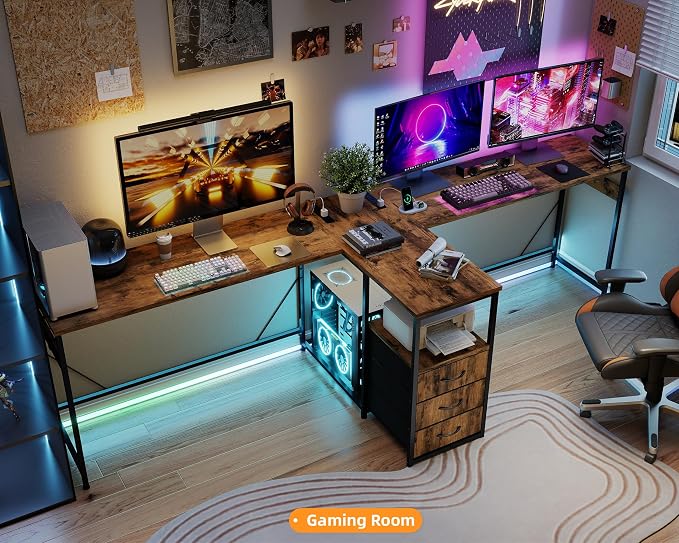 YOSHOOT 2 Person Computer Desk, 87" Long Gaming Desk for 2 People | Double Desk with 3 Fabric Drawers and 2 Power Outlets, Home Office Table for Adults and Teenagers, Rustic Brown - Image 8