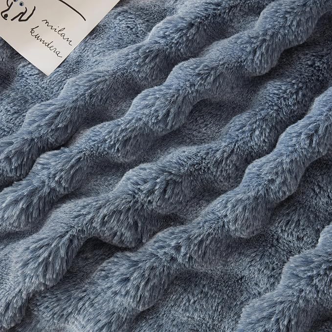 COOVA Faux Fur Throw Blanket for Couch, Cozy Soft and Fuzzy Plush Rabbit Fur Bubble Blanket for Sofa Bedroom Living Room, 60x80 Inches Cationic Dark Blue - Image 5