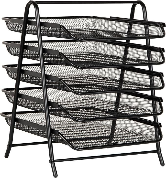Mind Reader 5-Tier Paper Tray Organizer, Vertical Desktop File Storage Rack, Office, Metal Mesh, Black - Image 7