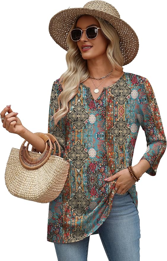 OFEEFAN Summer Boho Tops For Women 3/4 Length Sleeve Womens Tops Vacation Outfits - Image 5