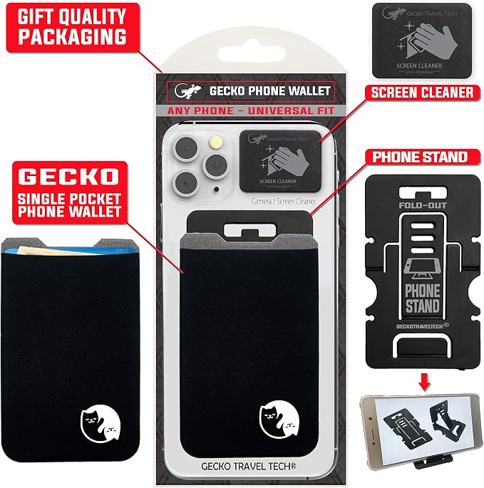 Phone Wallet - Adhesive Card Holder - Cell Phone Pouch - Stick on Lycra Pocket by Gecko - Carry Credit Cards and Cash - Image 9