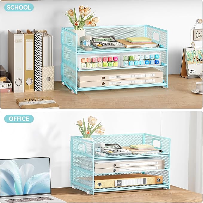 Subekyu 3 Tier Paper Desk Organizer with Handle and 1 PC Slideable Letter Tray, A4 Paper File Folder Sorter Metal Mesh Organizer for Home Office School Desk Supplies Organization Storage, Blue - Image 7