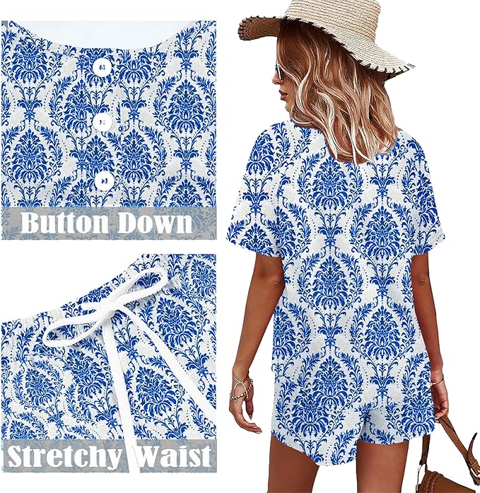 WIHOLL Two Piece Outfits for Women Lounge Sets Button Down Top and Shorts Set Sweatsuits with Pockets - Image 4