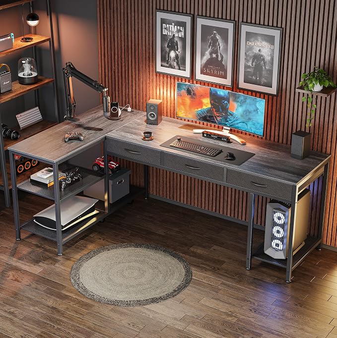 PRAISUN 63 Inch L Shaped Office Desk with Power Outlets and Type-C Port, Large Computer Gaming Desk with 3 Fabric Drawers, Mesh Shelves, Corner Study Work Writing Desk, Grey - Image 9