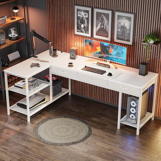 PRAISUN 63 Inch L Shaped Office Desk with Power Outlets and Type-C Port, Large Computer Gaming Desk with 3 Fabric Drawers, Mesh Shelves, Corner Study Work Writing Desk, White - Image 9
