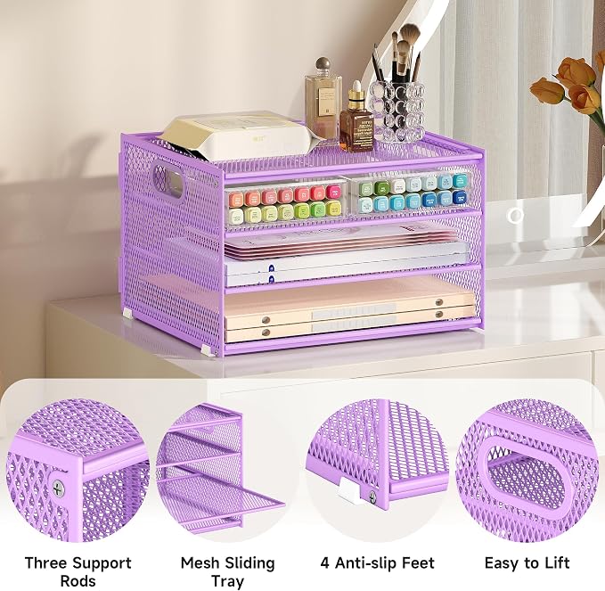 Subekyu Paper Letter Tray Organizer for Desk, Purple Metal Mesh Desk File Sorter Organizer with Handle and 2 Sliding Trays for Home Office School Supplies Organization - Image 7
