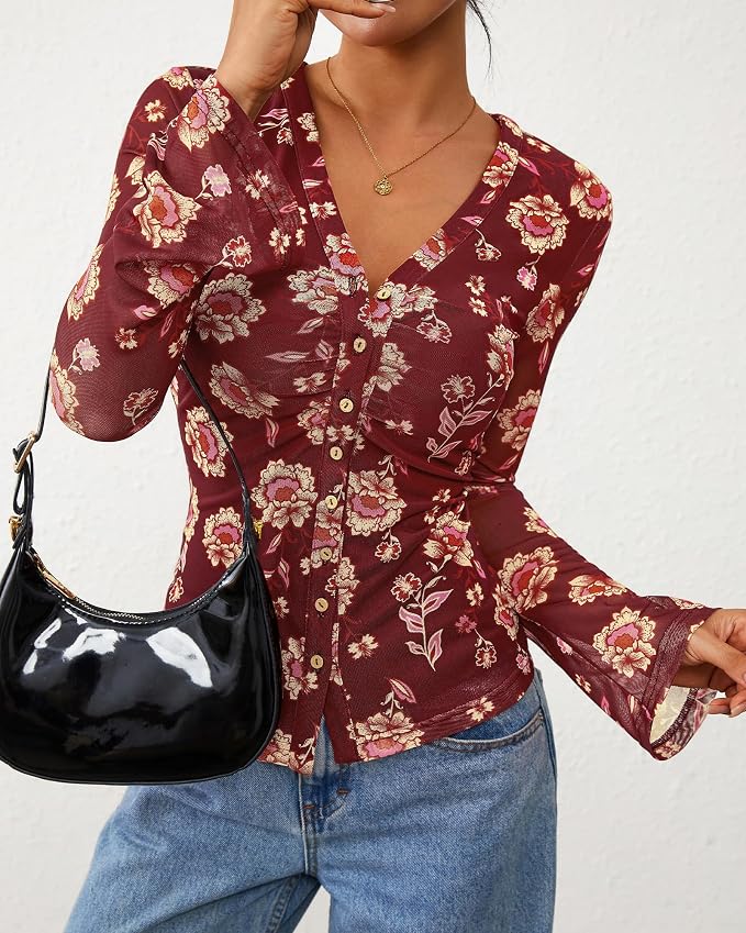 BTFBM Button Down Shirts for Women 2026 Fall Boho Tops V Neck Long Sleeve Blouses Ruched Mesh Fitted Fashion Clothing - Image 8