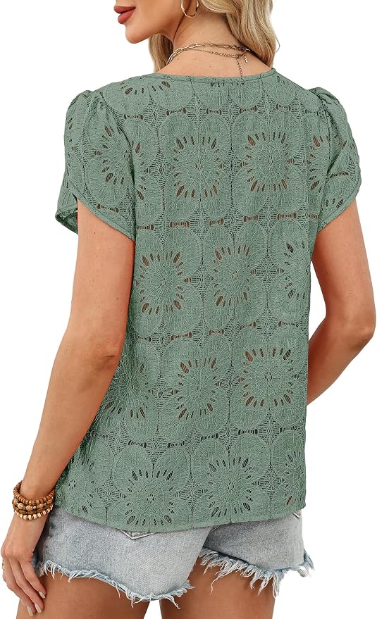 OFEEFAN Blouses for Women Dressy Casual Petal Short Sleeve Shirts Crochet Lace Boho Tops Spring Fashion Summer Outfits - Image 5