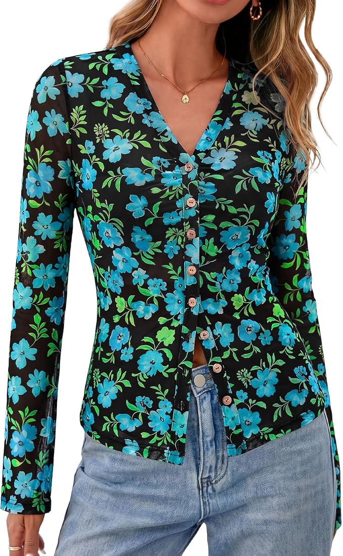 BTFBM Button Down Shirts for Women 2026 Fall Boho Tops V Neck Long Sleeve Blouses Ruched Mesh Fitted Fashion Clothing - Image 8