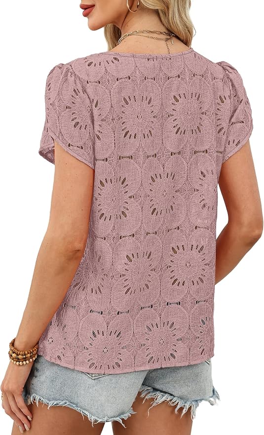 OFEEFAN Blouses for Women Dressy Casual Petal Short Sleeve Shirts Crochet Lace Boho Tops Spring Fashion Summer Outfits - Image 5