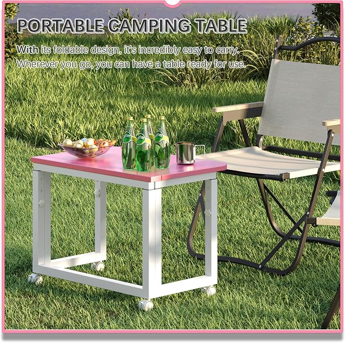 4NM No Tool Assembly 23.6" Small Desk, Folding Portable Desk with Wheels, Adjustable Height Foldable Computer Home Office Desks, Collapsible Study Writing Table for Space Saving Bedroom - Pink White - Image 8