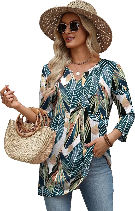 OFEEFAN Summer Boho Tops For Women 3/4 Length Sleeve Womens Tops Vacation Outfits - Image 5