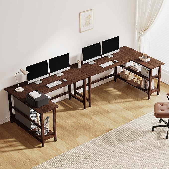 IOTXY Reversible L-Shaped Office Desk - 63" Extra Large Corner Computer Table with Storage Shelves, Solid Wood Legs, Home Writing & Study Workstation, Walnut - Image 9