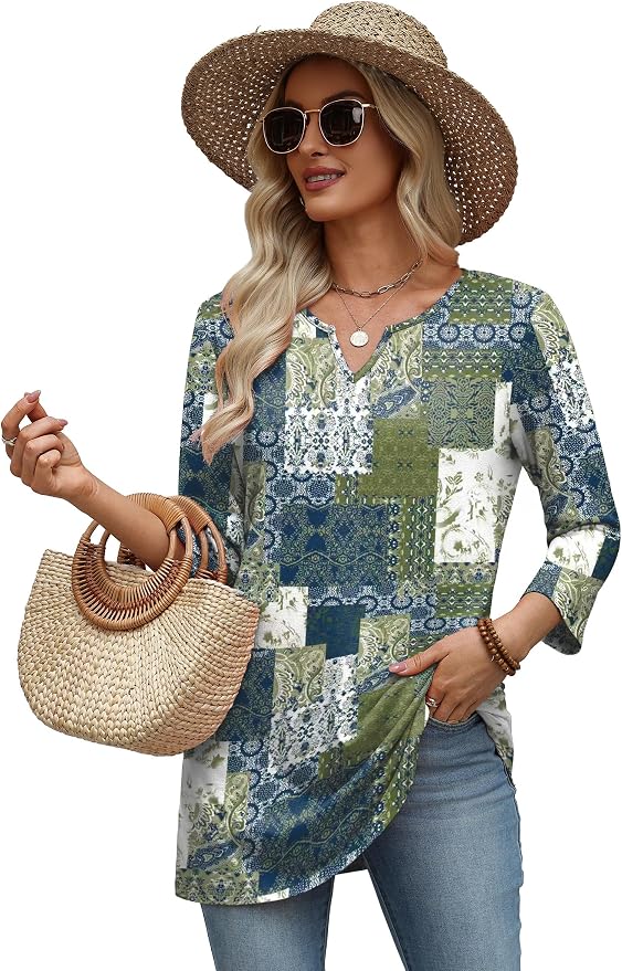 OFEEFAN Summer Boho Tops For Women 3/4 Length Sleeve Womens Tops Vacation Outfits - Image 5