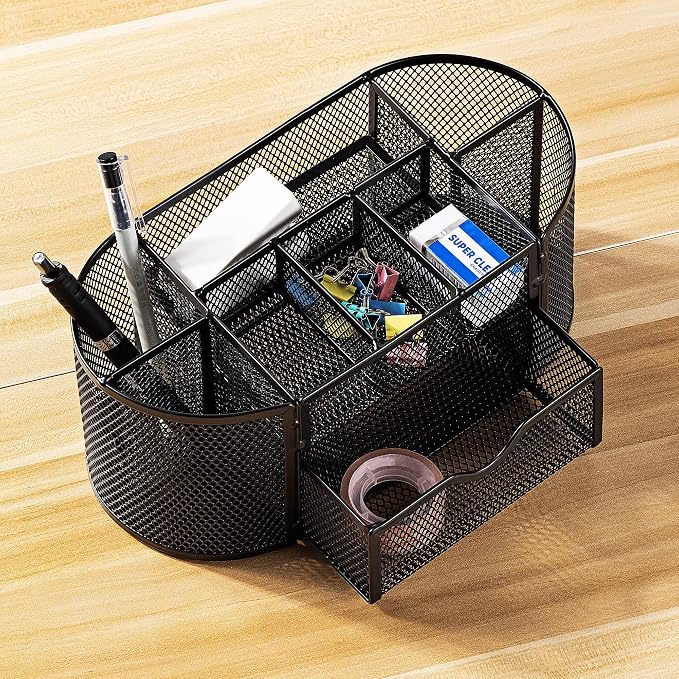 Amazon Basics Mesh Desk Organizer with Pen Holder, Pullout Drawer and Office Caddy Storage, 9.25" x 4.53" x 3.94", Black - Image 6