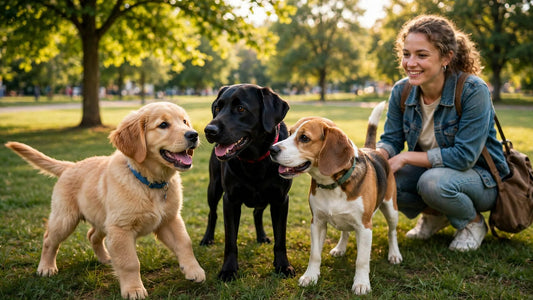 Happy golden retriever puppy meeting a black lab and a beagle in a sunny park while its owner crouches nearby