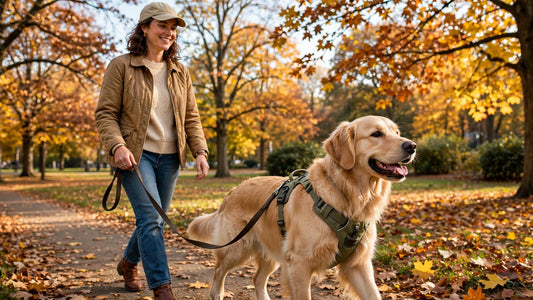 Golden retriever wearing a no-pull harness walking calmly on a loose leash beside its owner in an autumn park