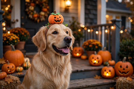 Golden retriever with pumpkin headband on a Halloween-decorated porch