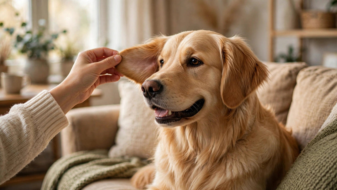 Owner gently holding open a golden retriever's ear during a calm home ear-cleaning session