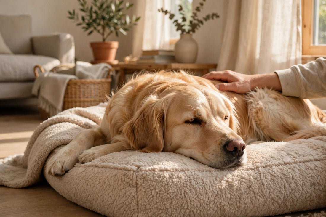 Calm golden retriever resting on a soft dog bed while an owner gently pets its back