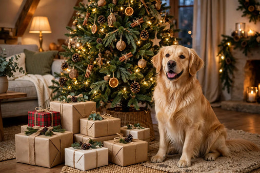 Golden retriever with holiday gift boxes - holiday gift guide for dog lovers