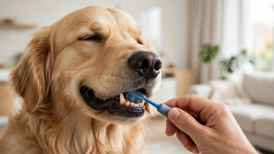 Golden retriever having its teeth gently brushed by an owner's hand in a bright modern home