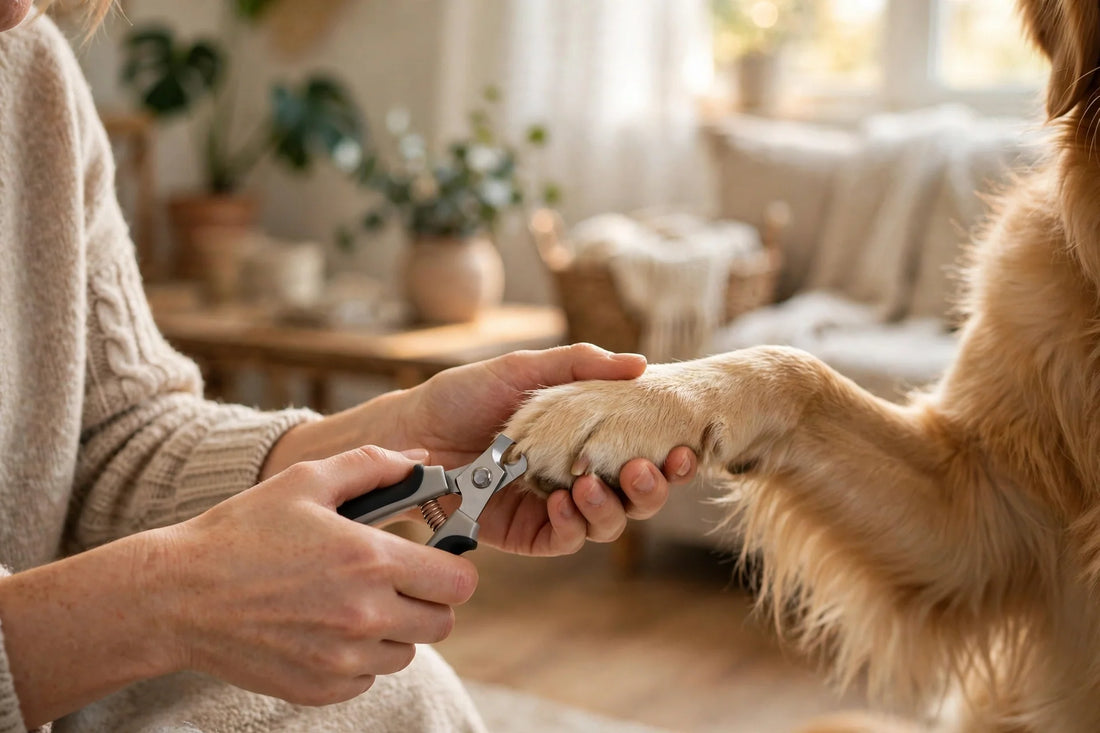 Person gently trimming a golden retriever's nails with pet nail clippers in a bright living room