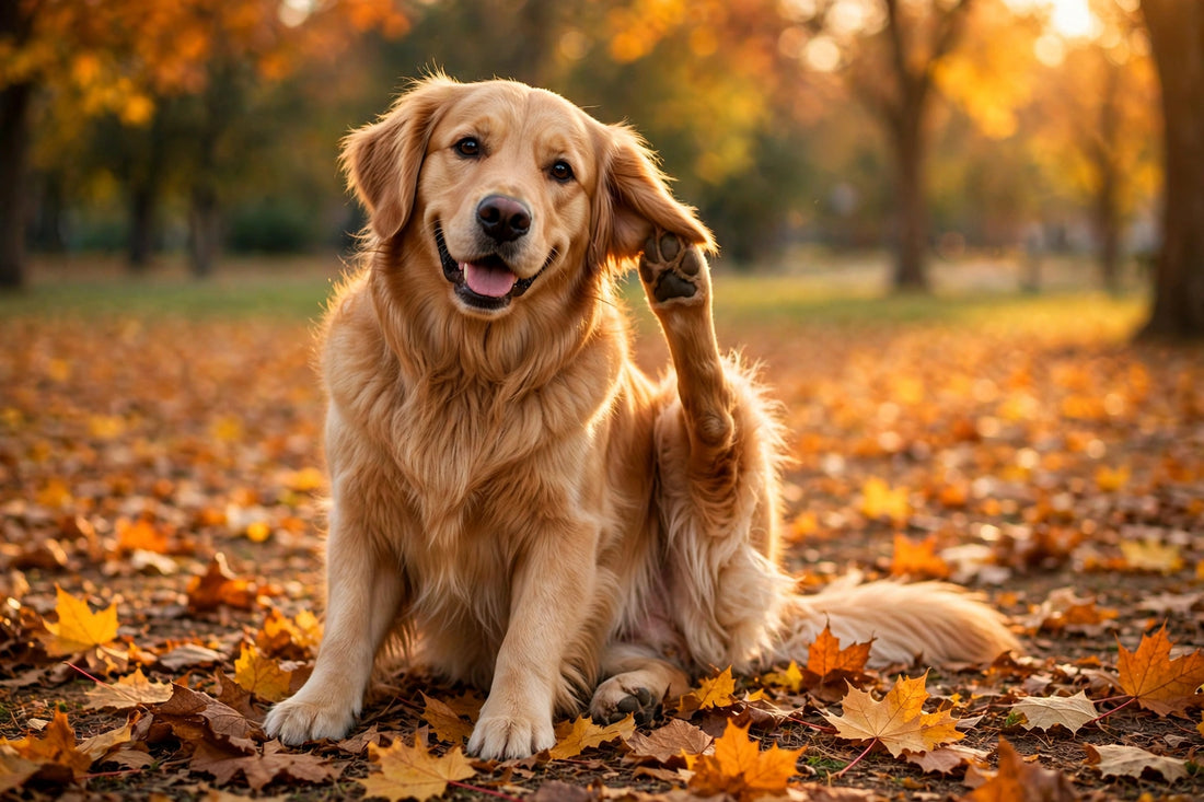 Happy golden retriever in autumn park with fallen leaves