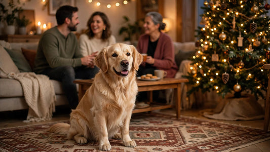 Calm golden retriever sitting politely in a cozy living room decorated for a holiday gathering