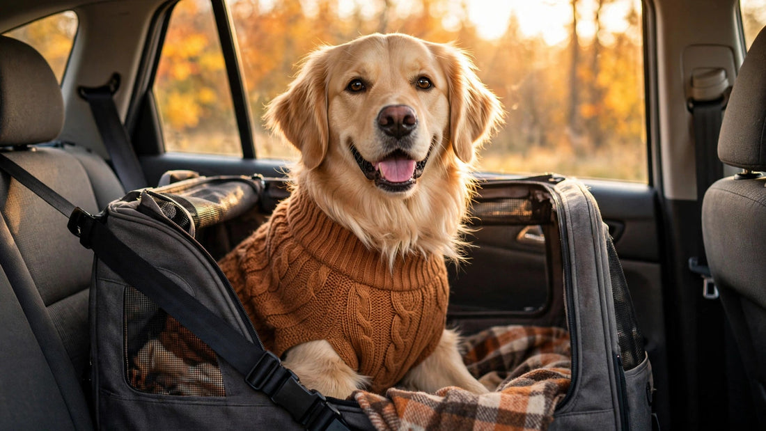 Happy golden retriever wearing a knit sweater sitting in a secured travel carrier in a car