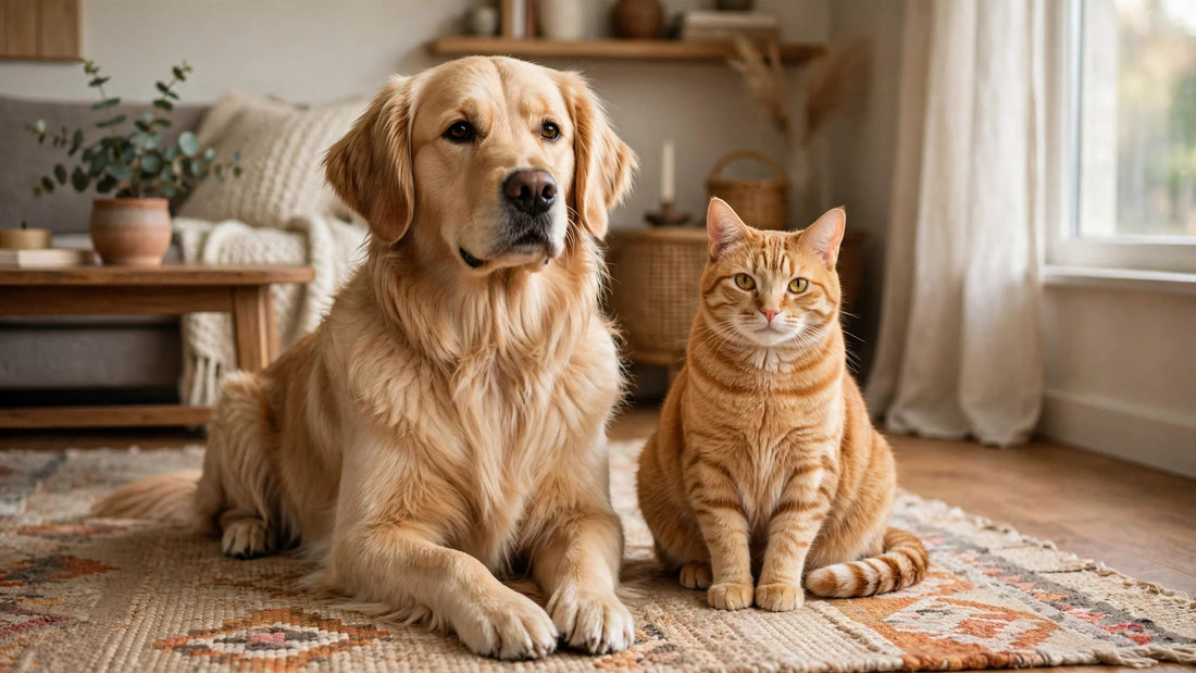 Golden retriever dog and orange tabby cat sitting calmly side by side on a living room rug