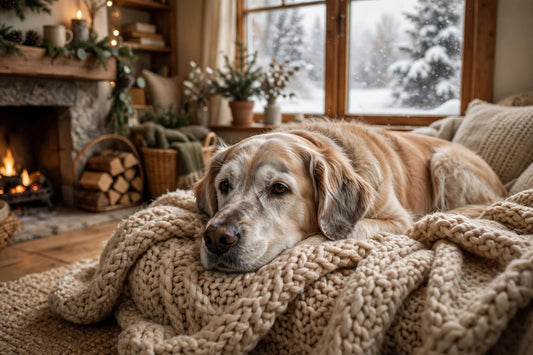 Senior dog resting comfortably in winter