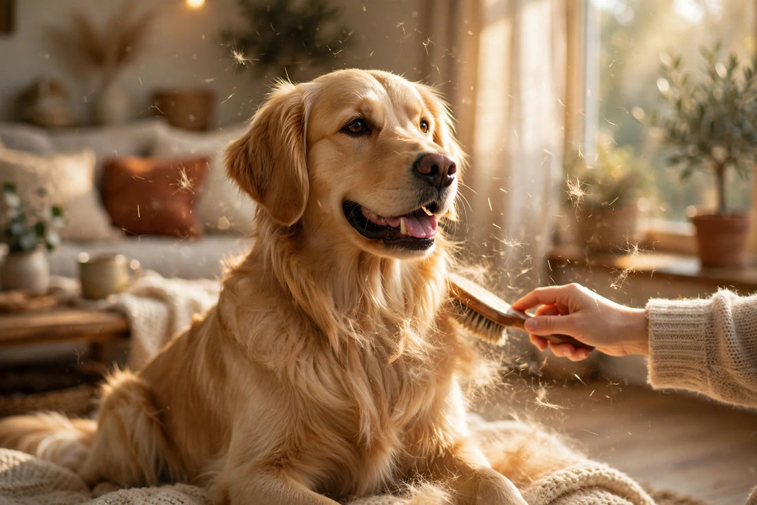 Golden retriever being brushed with a grooming brush in a sunlit living room