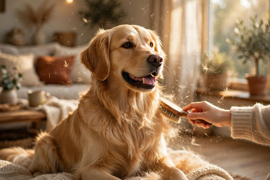 Golden retriever being brushed with a grooming brush in a sunlit living room