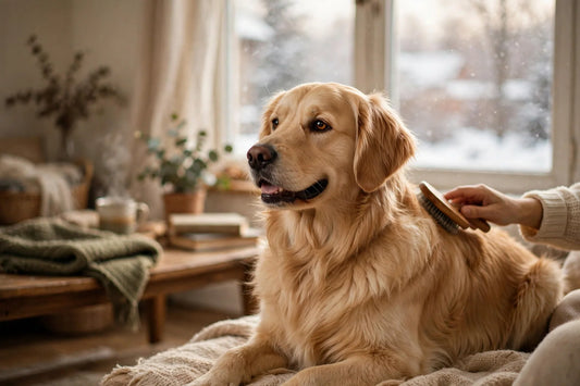 Golden retriever being brushed in a cozy living room on a winter day